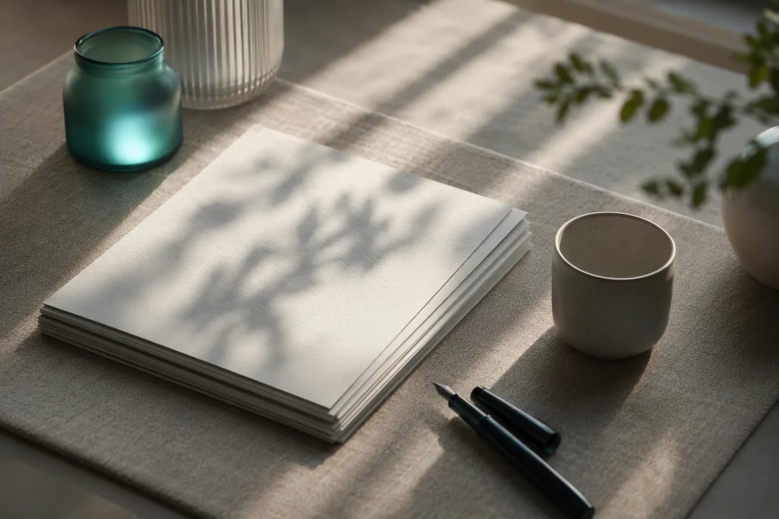 A tidy desk from above: a linen mat, a stack of paper agreements, a cup and a pen in morning light.