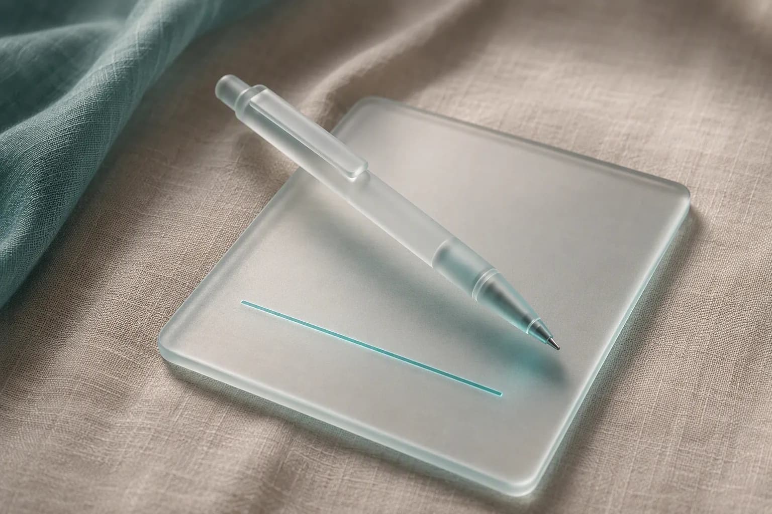 A frosted glass pen resting on a translucent document card with a teal signature line.