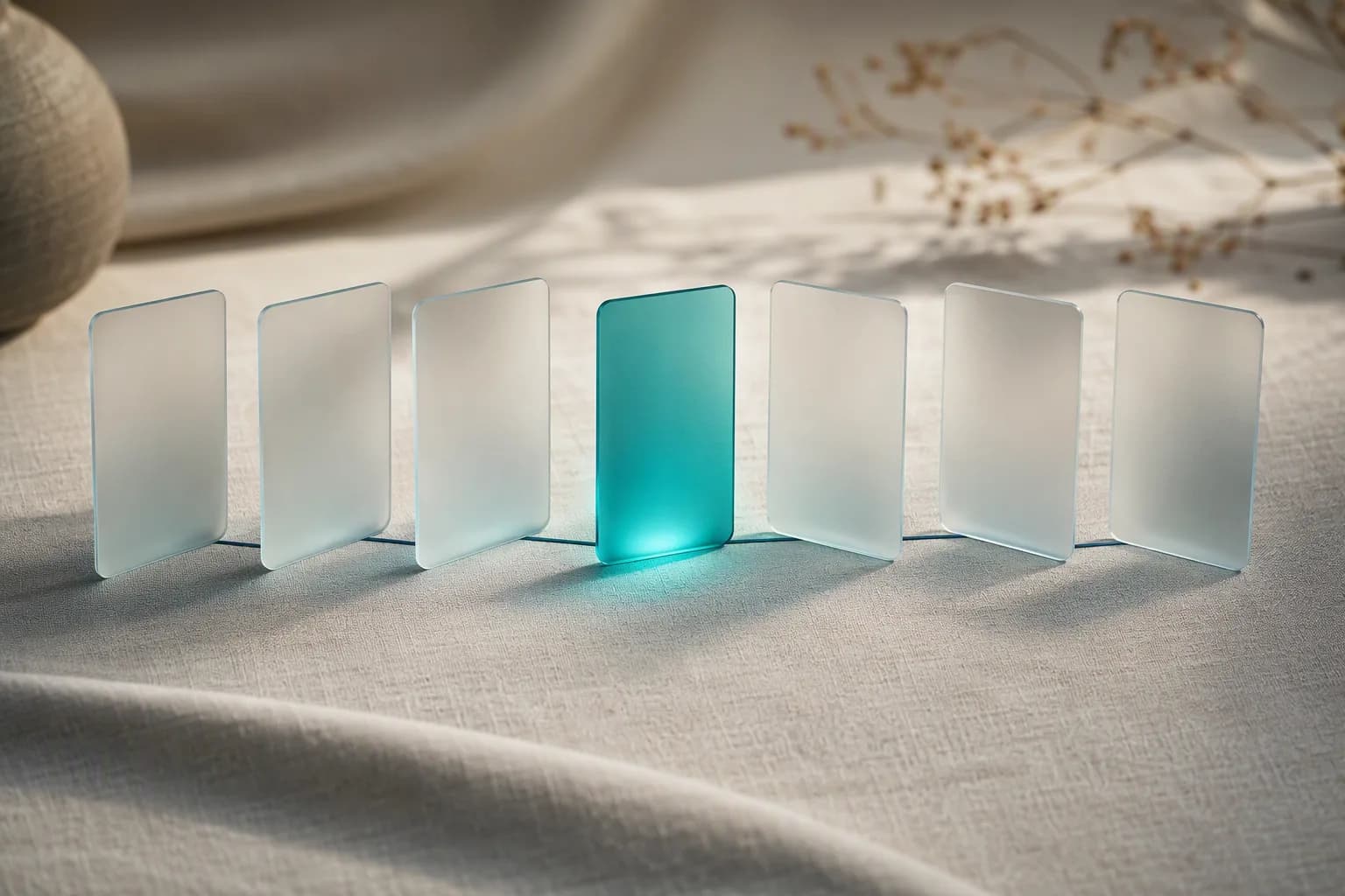 Seven frosted glass ledger cards in an arc on linen, the centre card glowing teal.