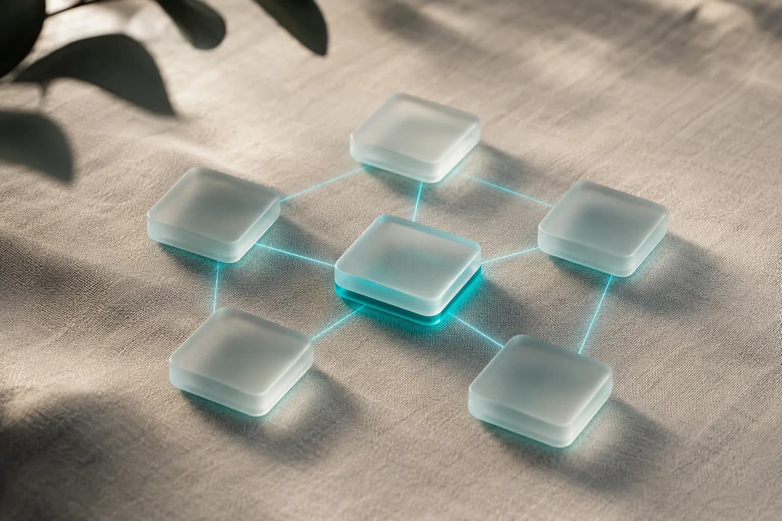 Six frosted glass tiles in a constellation on linen, joined by thin luminous lines.