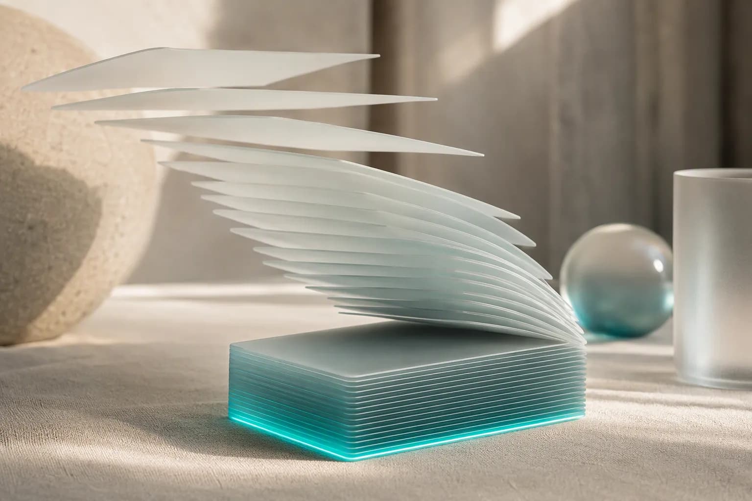 Dozens of paper sheets flowing into one aligned stack of frosted glass cards.