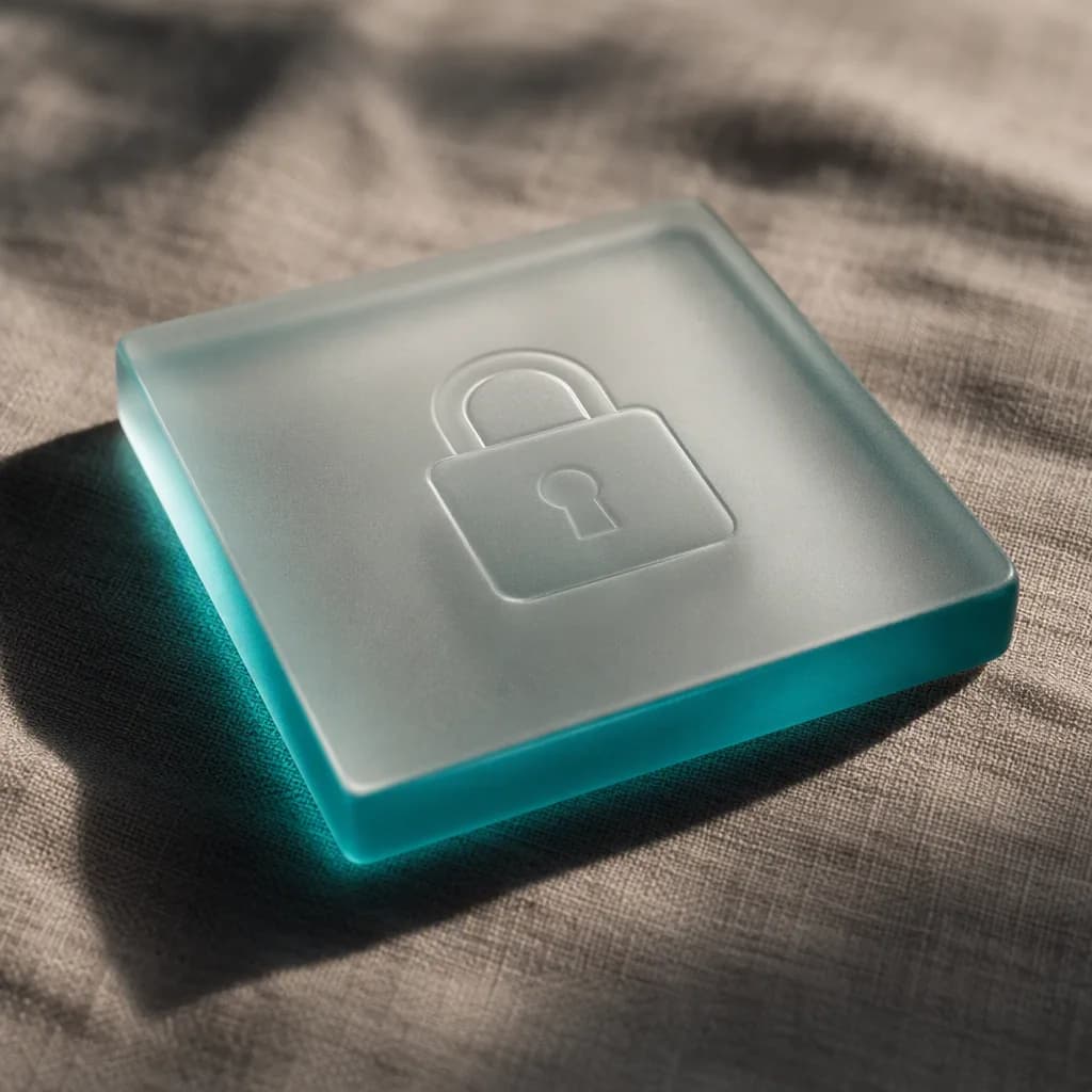 A thick frosted glass tile with a recessed padlock relief, edge-lit in teal.