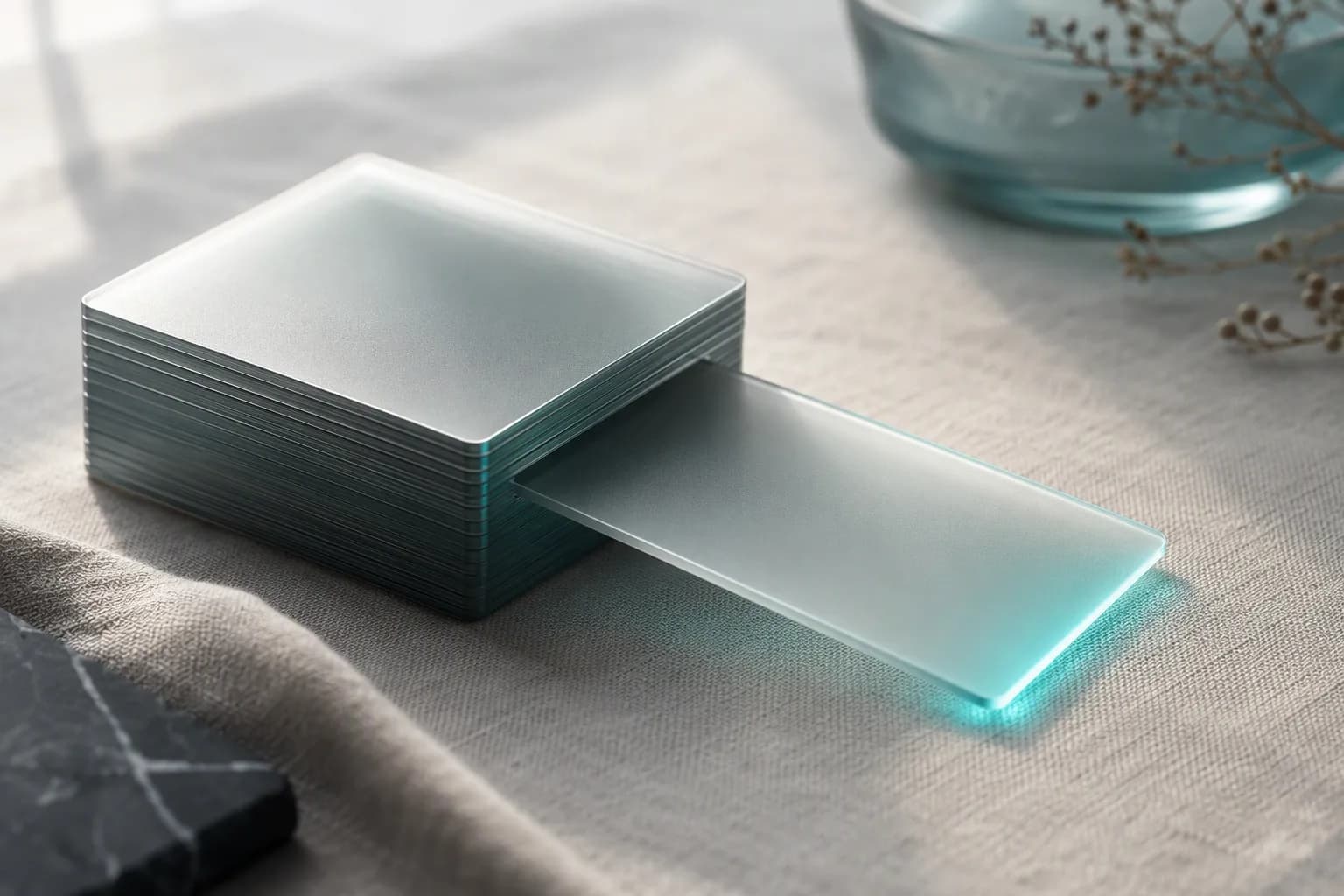 A frosted glass card sliding forward out of a neat stack.