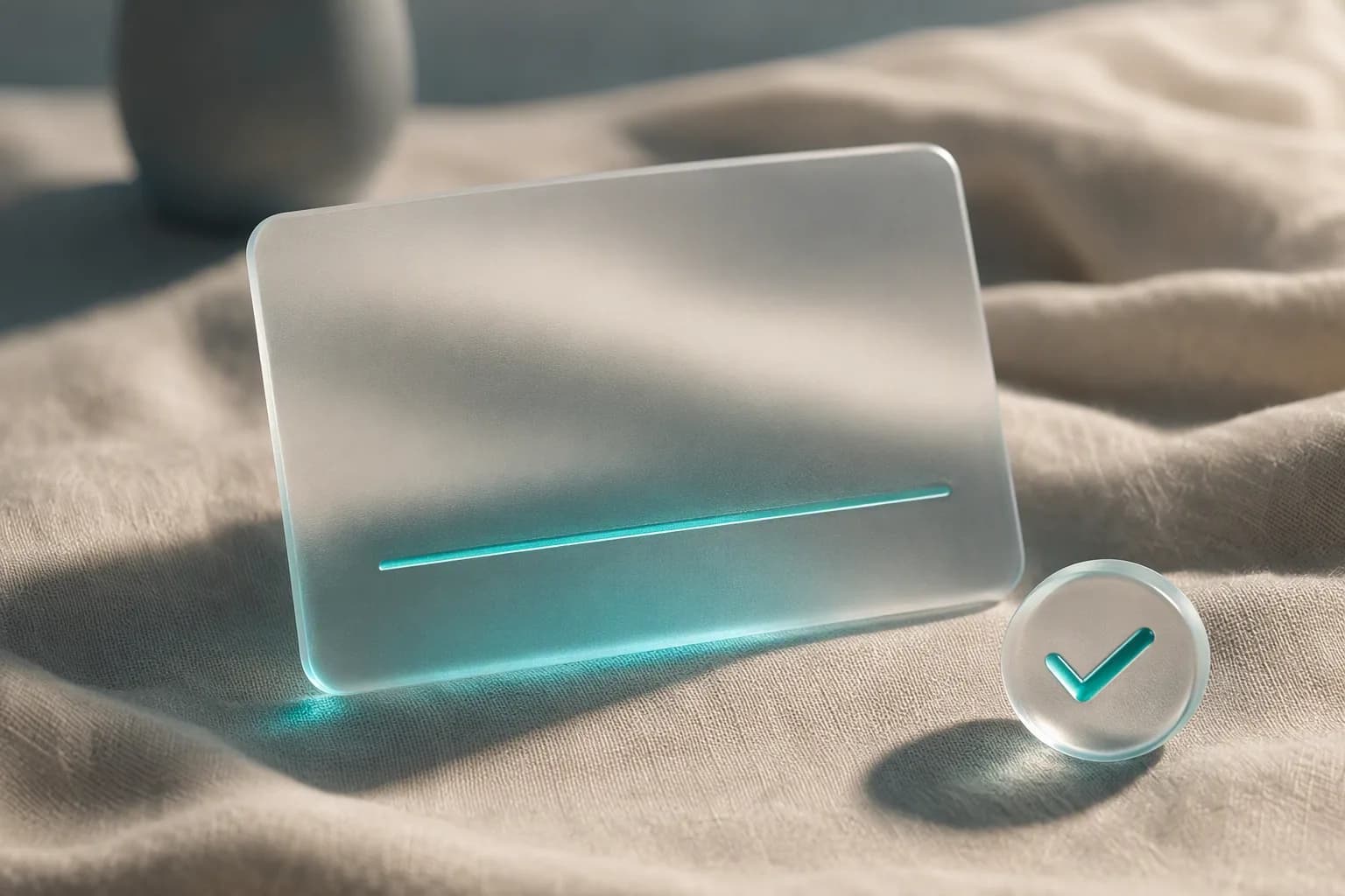 A frosted glass card with one line lit in teal and a check token beside it.