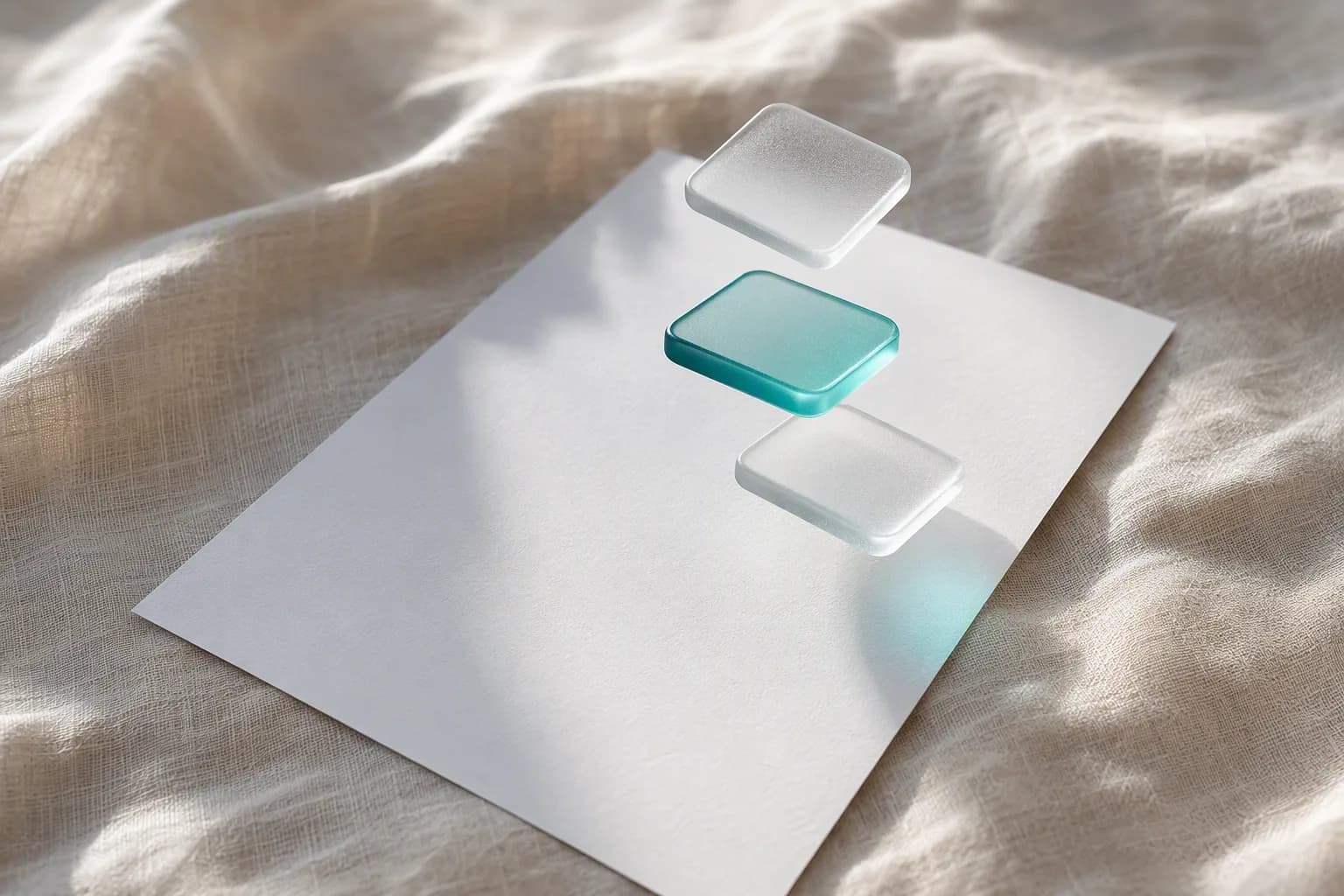 A paper agreement on linen, with three frosted glass tiles rising from it.