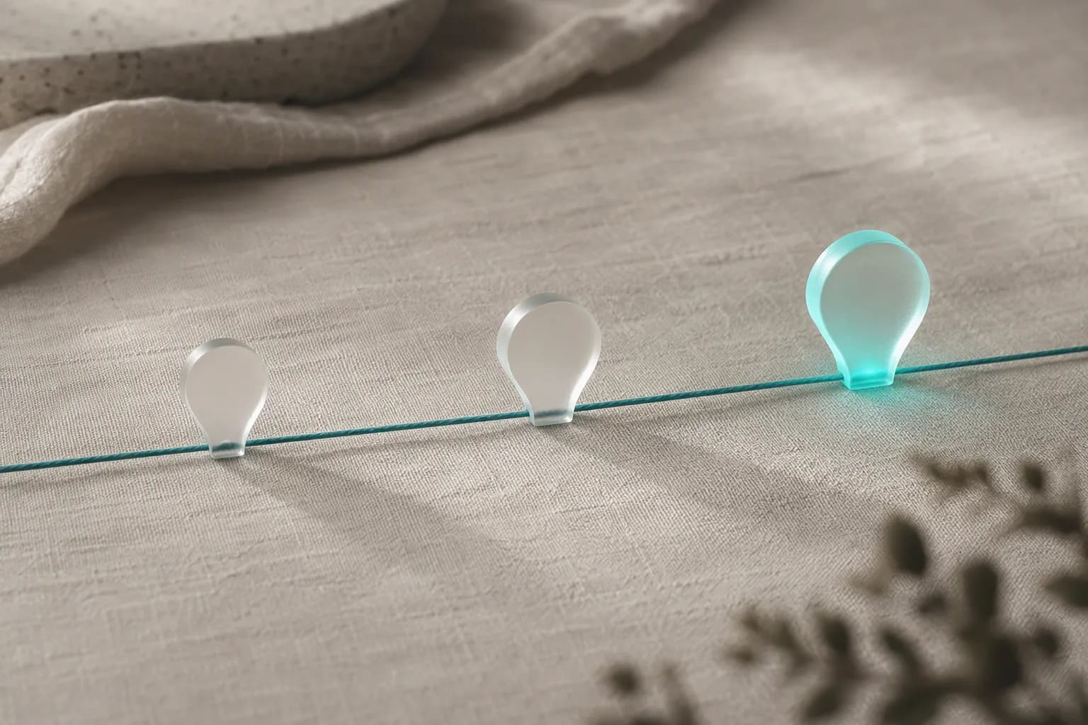 A thin teal thread across linen with three glass markers standing along it.